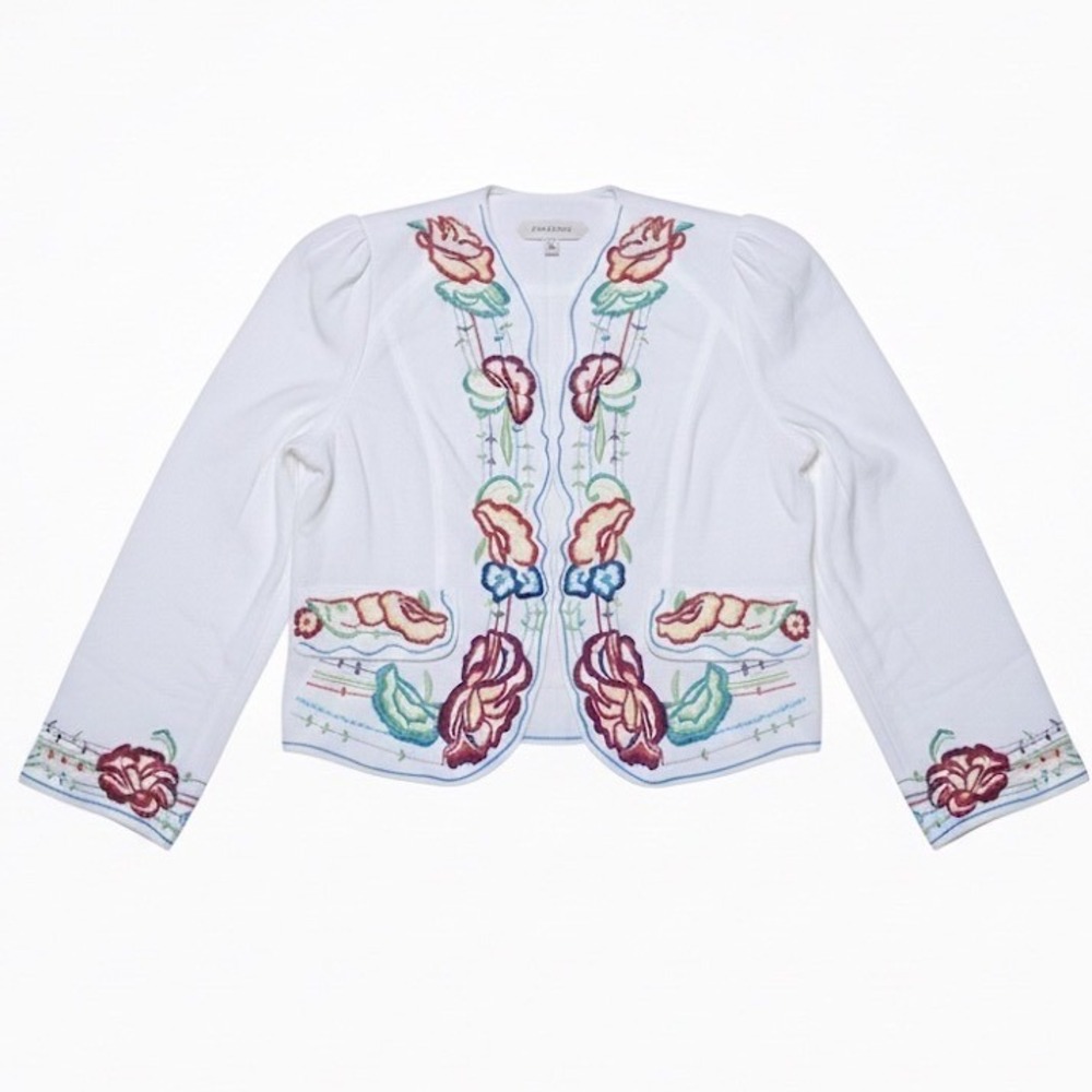 Casual Living Embroidered White Linen‎ Blend Jacket Blazer Womens M Floral
